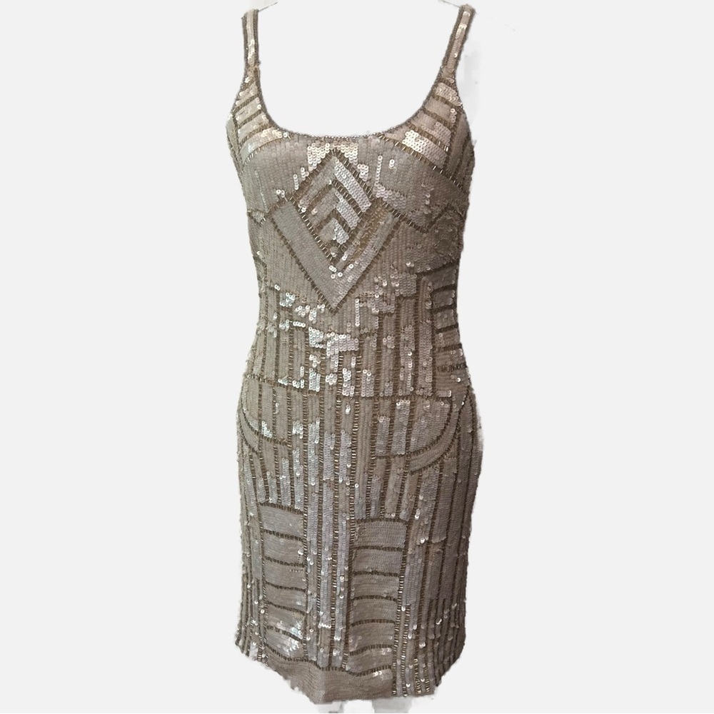 Adrienne Papell Women’s Sequin Midi Dress Sleeveless Lined 4 Tan Cocktail Party